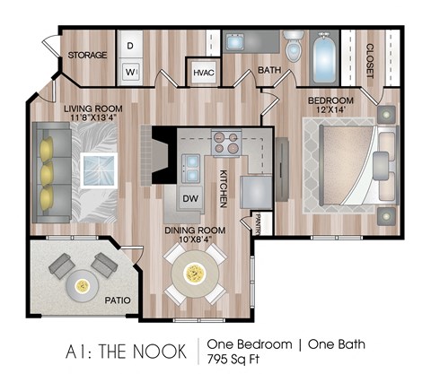 Floor plan for 1 bed, 1 bath, 795 sqft